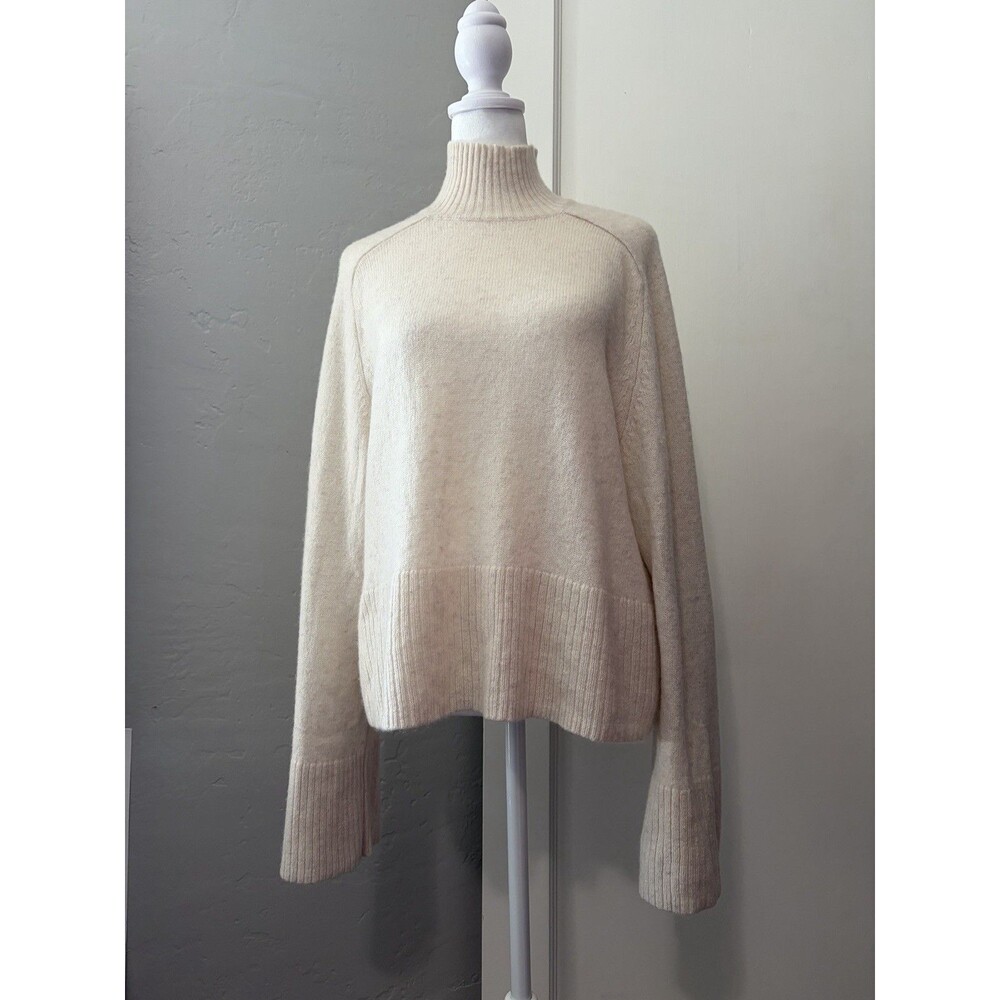 Weekday 100% Wool Saga Sweater Cream Crop Small Mock Neck Boxy Knit Wide Cuffs
